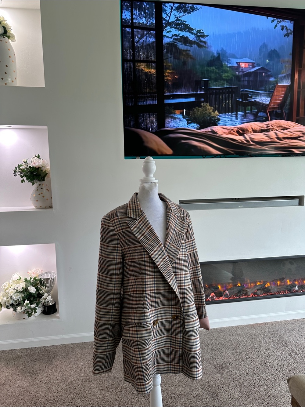 Waverly Grey Brown Plaid Double-Breasted Blazer